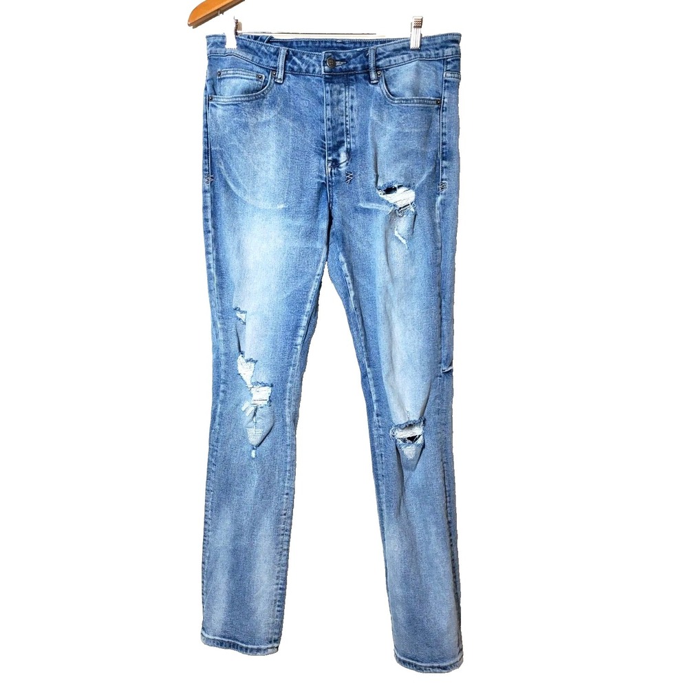 Ksubi Jeans Mens 32 Chitch Punk Blue Thrashed Distressed Embroidered Slim Taper
